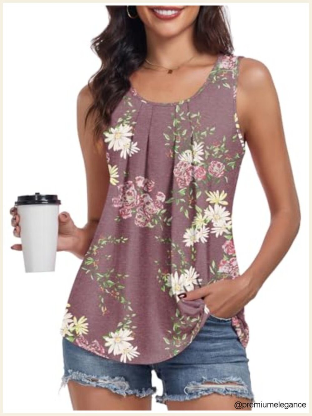 Women's Sleeveless Tank Top Loose Fit Summer Blouse Pleated Neckline